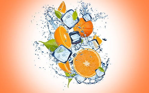 ilustrasi irisan jeruk dan es batu, jeruk, jeruk, es, semprotan, Wallpaper HD HD wallpaper