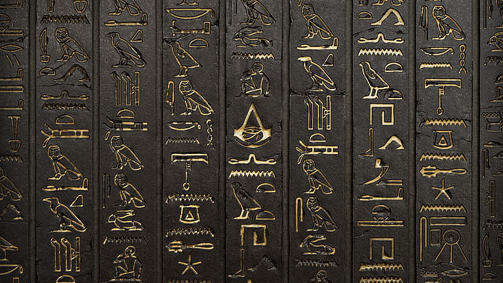 złożone czarne książki w twardej oprawie, Assassin's Creed, hieroglify, ściana, gry wideo, grafika cyfrowa, Assassin's Creed: Origins, Tapety HD
