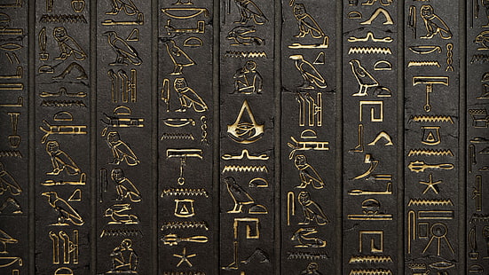 arkiverade svarta inbundna böcker, Assassin's Creed, hieroglyfer, vägg, videospel, digital konst, Assassin's Creed: Origins, HD tapet HD wallpaper