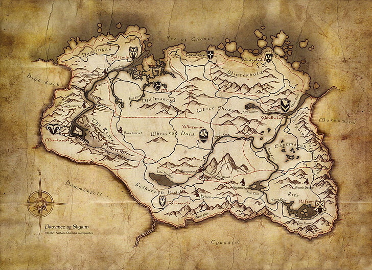 brown and black map illustration, paper, map, old, skyrim, the elder scrolls v, HD wallpaper