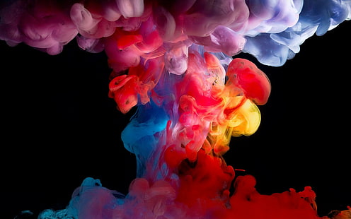 black background, smoke, paint in water, simple background, colorful, painting, digital art, HD wallpaper HD wallpaper
