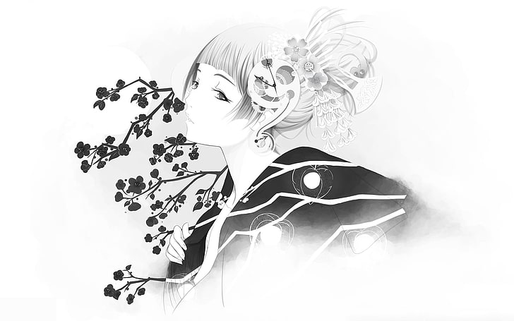 wanita dalam sketsa kimono, gadis, Sakura, kimono, Wallpaper HD