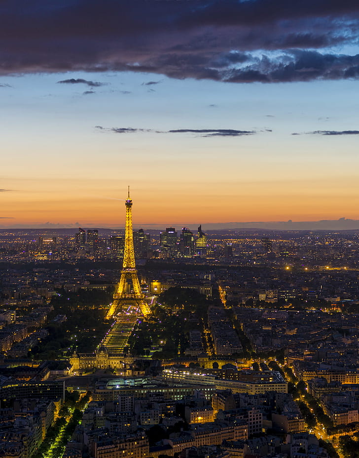 aerial photo of Eiffel tower during nighttime, City of Lights, aerial photo, Eiffel tower, nighttime, cityscape, night  Lights, sunset, Clouds, famous Place, paris - France, urban Skyline, france, architecture, city, tower, urban Scene, dusk, aerial View, europe, capital Cities, night, travel Destinations, travel, HD wallpaper