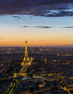 flygfoto av Eiffeltornet under natten, Ljusstad, flygfoto, Eiffeltornet, natt, stadsbild, nattljus, solnedgång, Moln, berömd plats, paris - Frankrike, stadshorisont, frankrike, arkitektur, stad, torn, stadsbild, skymning, Flygfoto, Europa, huvudstäder, natt, resmål, resor, HD tapet HD wallpaper