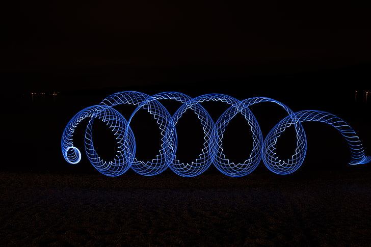 ilustracja niebieska spirala, spirala, malowanie światłem, kolor niebieski, Tapety HD