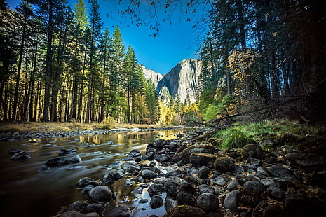 landscape photography of boulders on river between trees, el capitan, yosemite national park, el capitan, yosemite national park, view, El Capitan, Yosemite National Park, United States, landscape photography, boulders, river, trees, california, landscape, long exposure, mountain, national  nature  park, photo, photography, rocks, sky, sony a7, travel, usa, village, voigtlander, woods, yosemite, nature, forest, water, scenics, rock - Object, tree, outdoors, stream, beauty In Nature, waterfall, summer, HD wallpaper HD wallpaper