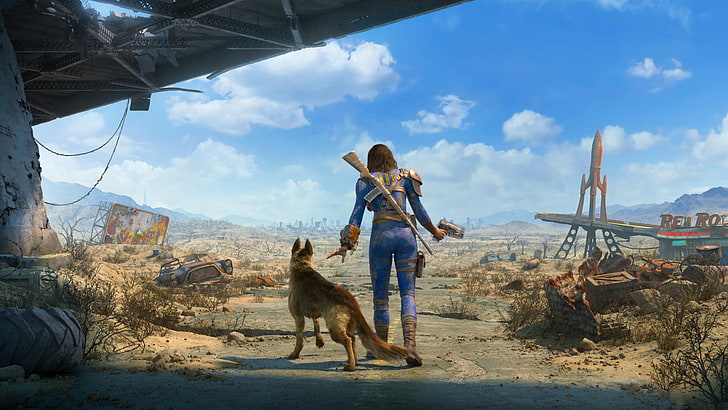 man beside the German shepherd digital wallpaper, Fallout 4, Dogmeat, weapon, apocalyptic, Vault 111, pistol, bridge, car, Fallout, HD wallpaper