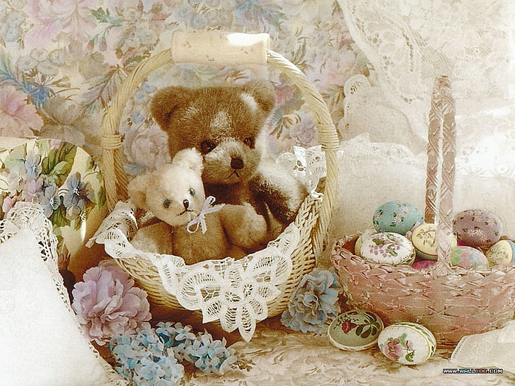 baskets childhood Teddys Abstract Photography HD Art , Nice, Flowers, baskets, childhood, decorative eggs, lace, HD wallpaper