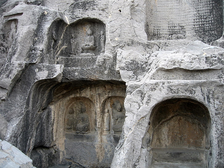 gray concrete altar, longman grottoes, cave, stone, deepening, sculpture, HD wallpaper