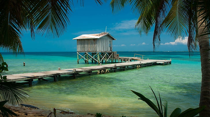 naturaleza paisaje playa tropical mar palmeras muelle superficie de madera cabina turquesa agua belice, Fondo de pantalla HD