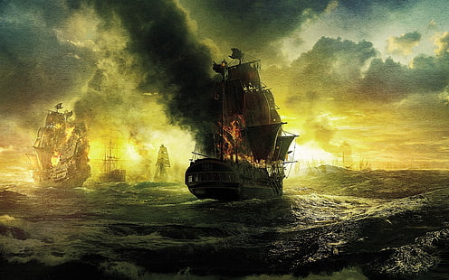 brown ship painting, sea, old ship, sailing ship, artwork, ship, fire, HD wallpaper HD wallpaper