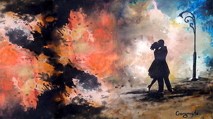 painting of woman and man, painting, abstract, kissing, silhouette, HD wallpaper