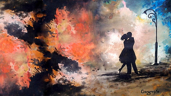 ภาพวาดหญิงและชายภาพวาดนามธรรมจูบภาพเงา, วอลล์เปเปอร์ HD HD wallpaper