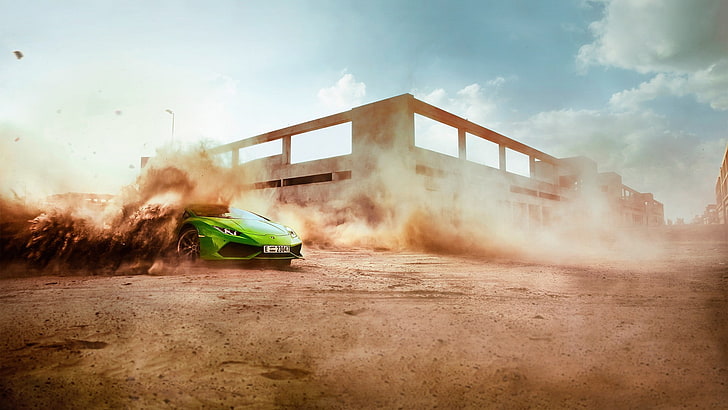 grüner Sportwagen, Auto, Staub, Lamborghini, Rennsport, HD-Hintergrundbild