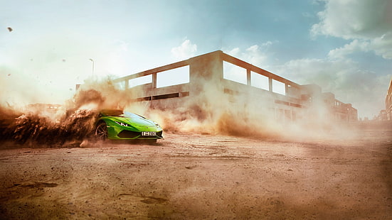 зелен спортен автомобил, кола, прах, Lamborghini, състезания, HD тапет HD wallpaper