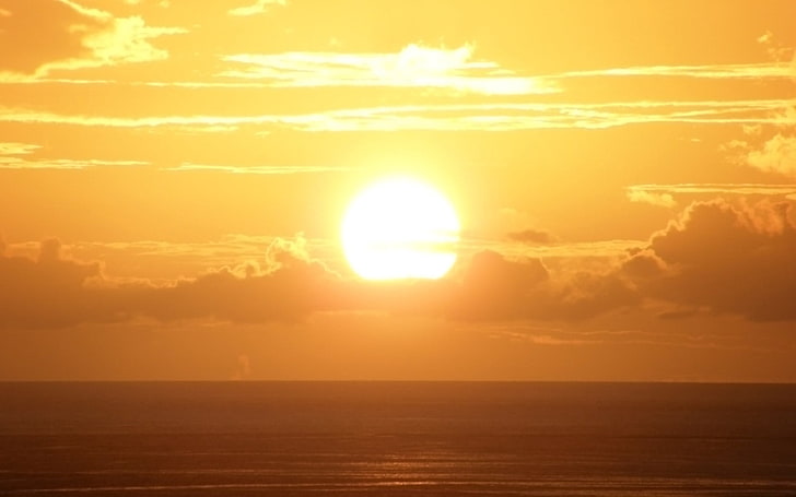 matahari keemasan, kemunduran, laut, matahari, kuning, cahaya, Wallpaper HD