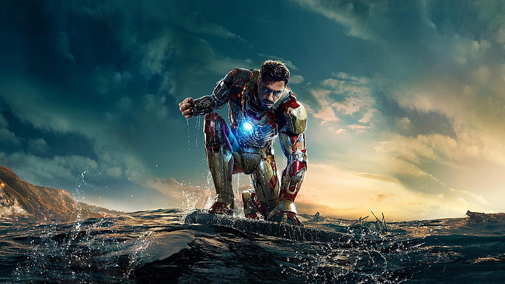Papel de parede de Marvel Studios Iron-Man 3, Homem de Ferro, Homem de Ferro 3, Tony Stark, mar, Robert Downey Jr., Os Vingadores, Universo Cinematográfico da Marvel, água, HD papel de parede