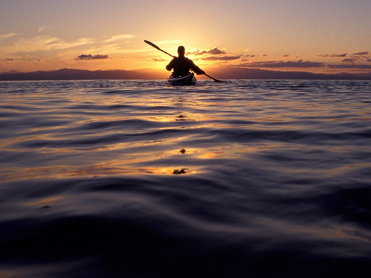 sea, water, boat, kayaks, sunset, HD wallpaper