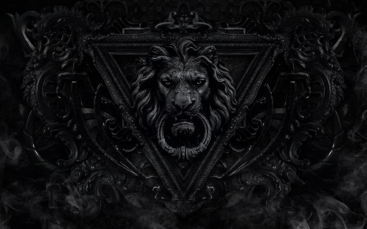 llamador de la puerta del león, llamador de la puerta del león, monocromo, oscuro, león, negro, arte de fantasía, Fondo de pantalla HD