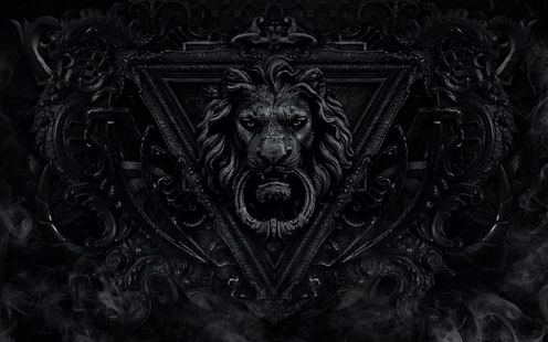 llamador de la puerta del león, llamador de la puerta del león, monocromo, oscuro, león, negro, arte de fantasía, Fondo de pantalla HD HD wallpaper