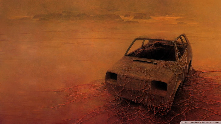 graues Fahrzeug, Zdzisław Beksiński, dunkel, Gemälde, detailliert, braun, HD-Hintergrundbild