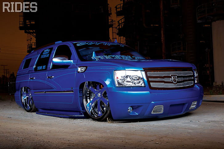 08 Blue Tahoe, custom, lowered, bowtie, cars, HD wallpaper