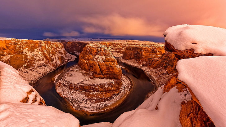 nature, landscape, mountains, clouds, hills, canyon, Arizona, USA, river, winter, snow, rock, HD wallpaper