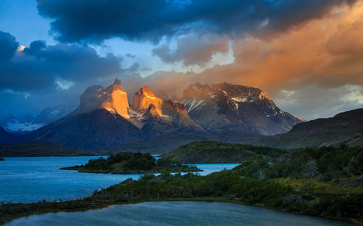 пейзаж, природа, планини, езеро, облаци, Чили, Torres del Paine, снежен връх, храсти, слънчева светлина, дървета, HD тапет