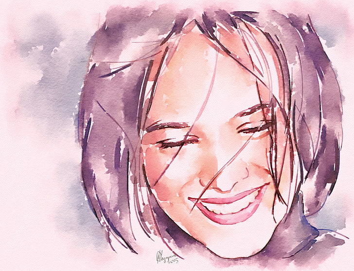 black hair woman watercolor painting, face, smile, watercolor, singer, Alizée, HD wallpaper