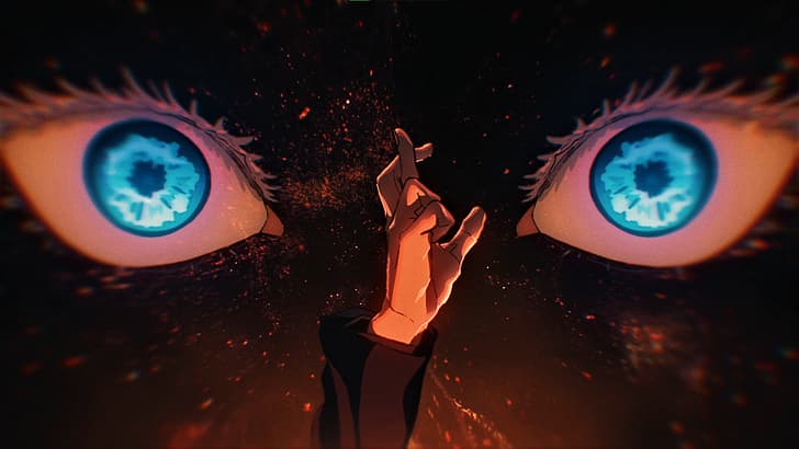 Jujutsu Kaisen, Satoru Gojo ดวงตาสีฟ้า มือ พื้นหลังที่เรียบง่าย เบลอ อะนิเมะ ภาพหน้าจอของอะนิเมะ, วอลล์เปเปอร์ HD