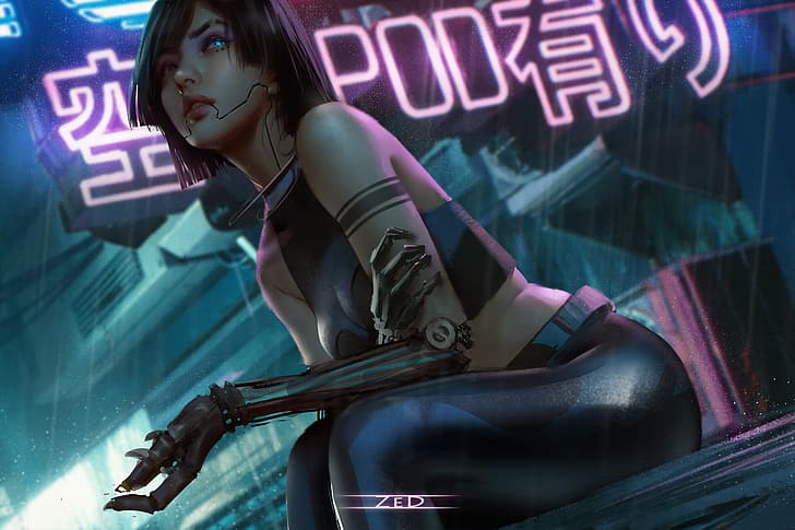 Trungbui, Zeichnung, Cyberpunk, Frauen, leuchtende Augen, Prothese, Neonlicht, Regen, HD-Hintergrundbild