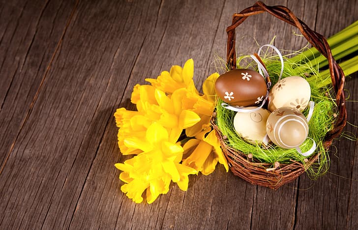 Easter, basket, wood, daffodils, spring, eggs, decoration, Happy, HD wallpaper