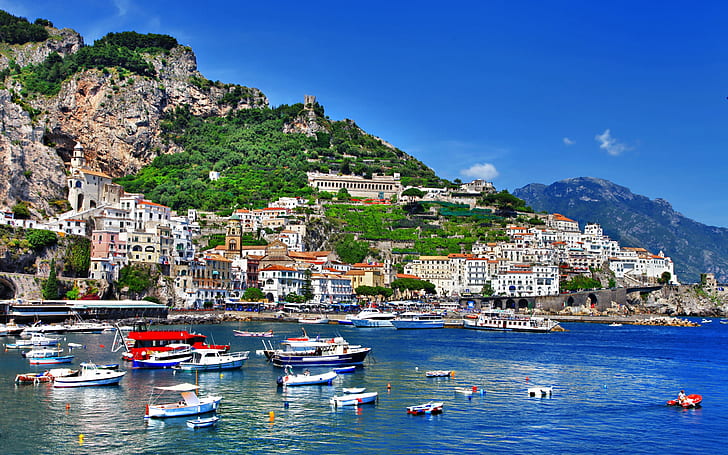 İtalya, Positano, Salerno, Amalfi, tekneler, kıyı, deniz, evler, dağlar, İtalya, Positano, Salerno, Amalfi, Tekneler, Kıyı, Deniz, Evler, Dağlar, HD masaüstü duvar kağıdı