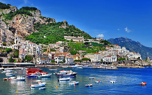 İtalya, Positano, Salerno, Amalfi, tekneler, kıyı, deniz, evler, dağlar, İtalya, Positano, Salerno, Amalfi, Tekneler, Kıyı, Deniz, Evler, Dağlar, HD masaüstü duvar kağıdı HD wallpaper