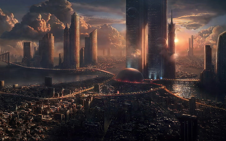 gedung-gedung tinggi abu-abu, pemandangan kota, kota, futuristik, fiksi ilmiah, pencakar langit, Wallpaper HD