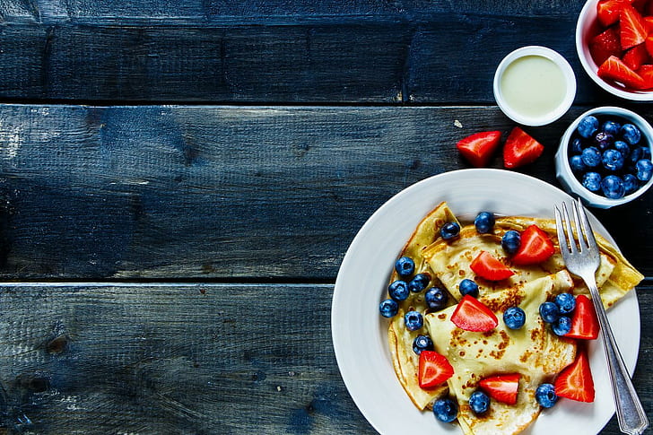 food, fruit, pancakes, strawberries, HD wallpaper