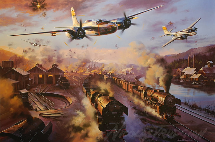 the plane, Bomber, painting, WW2, Attack, A-26 Invader, aircraft art, Invader, A-26, HD wallpaper