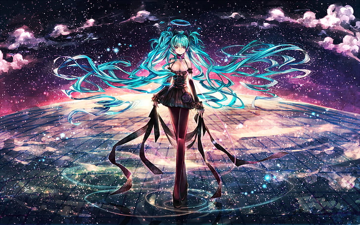 Teal-haired female anime character digital wallpaper, blue haired anime character digital wallpaper, Vocaloid, Hatsune Miku, aqua hair, stars, twintails, water, cleavage, Anime girls, anime, Tapety HD
