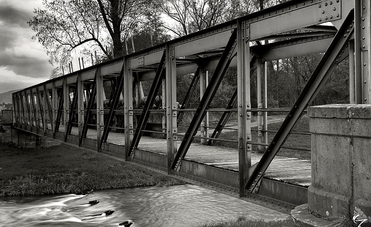 My Old Bridge BW by Nyclaudiotesta, greyscale photography of metal bridge, Vintage, Bridge, black and white, bw, old bridge, HD wallpaper