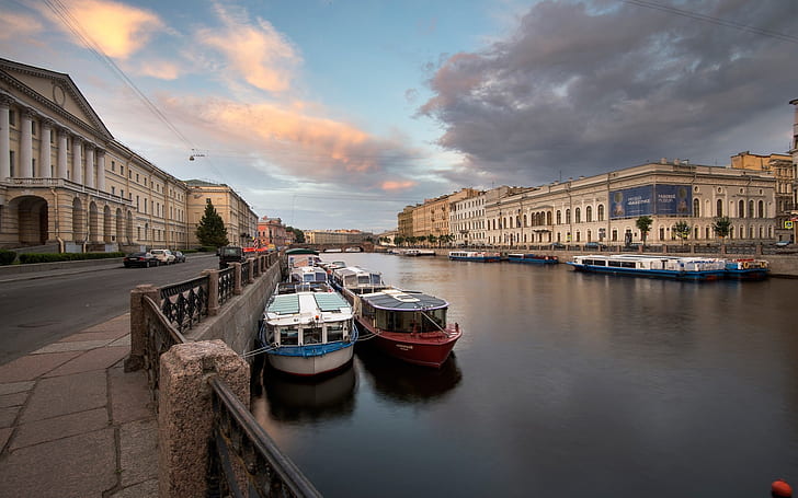 Saint-Petersburg, Fontanka River, Russia, boats, houses, Saint, Petersburg, Fontanka, River, Russia, Boats, Houses, HD wallpaper