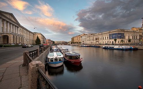 San Petersburgo, río Fontanka, Rusia, barcos, casas, San Petersburgo, Fontanka, río, Rusia, barcos, casas, Fondo de pantalla HD HD wallpaper