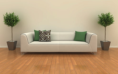 weißes Leder 2-Sitzer-Sofa und drei Kissen, weiß, Design, Zimmer, Sofa, Interieur, Pflanzen, Kissen, grün, HD-Hintergrundbild HD wallpaper