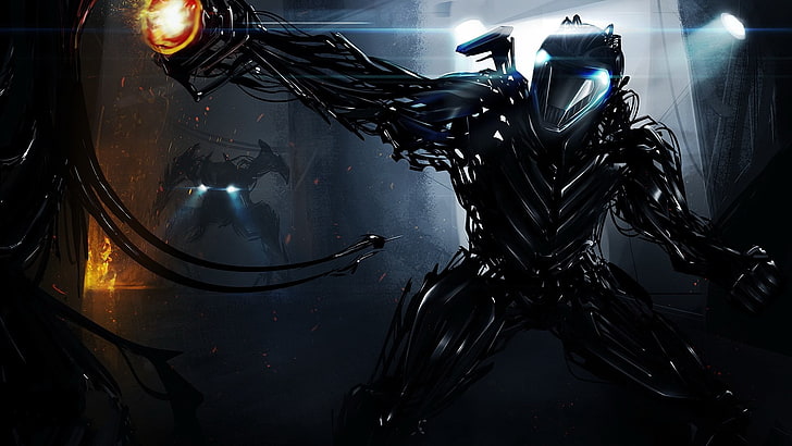 alien dengan ilustrasi senjata, robot, teknologi, seni digital, fiksi ilmiah, Wallpaper HD