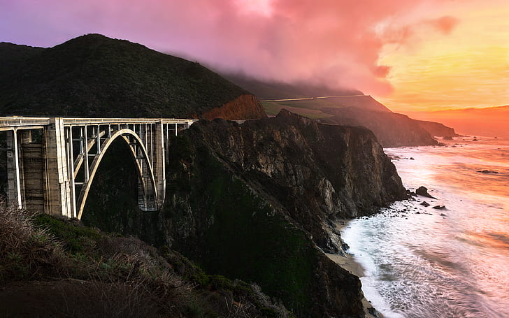 Bixby Bridge, Highway 1, Sunset, 4K, California, Costa acantilada, Fondo de pantalla HD