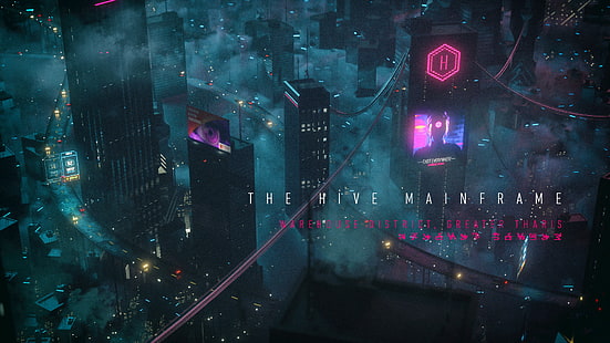Дэвид Легнон, киберпанк, городской пейзаж, ночь, огни города, неоновое свечение, туман, небоскреб, город, розовый, темный, HD обои HD wallpaper
