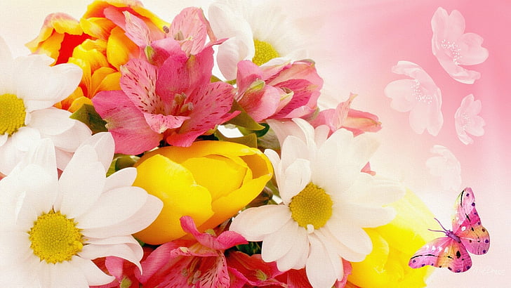 Flowers, Flower, Artistic, Butterfly, CGI, Daisy, Lily, Pink Flower, Tulip, White Flower, Yellow Flower, HD wallpaper