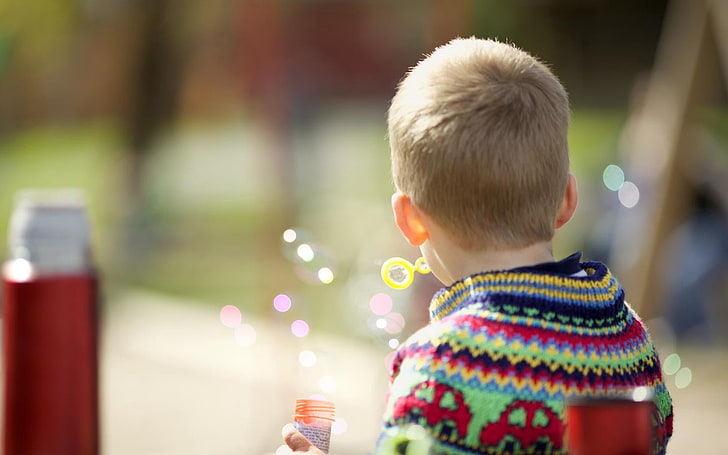 boy's assorted-color sweater, child, boy, bubbles, HD wallpaper