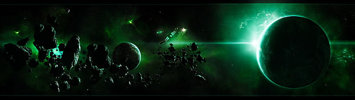 Doppelmonitore, Raumschiff, Mehrfachanzeige, Asteroid, Raum, Raumkunst, Planet, HD-Hintergrundbild