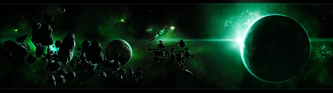 Doppelmonitore, Raumschiff, Mehrfachanzeige, Asteroid, Raum, Raumkunst, Planet, HD-Hintergrundbild HD wallpaper