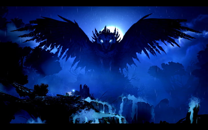 blue dragon wallpaper, video games, Ori and the Blind Forest, owl, forest, HD wallpaper